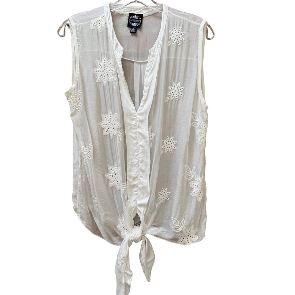 Le Marais‎ Paris White Floral Eyelet Tie Front Sleeveless Blouse Made in Italy M